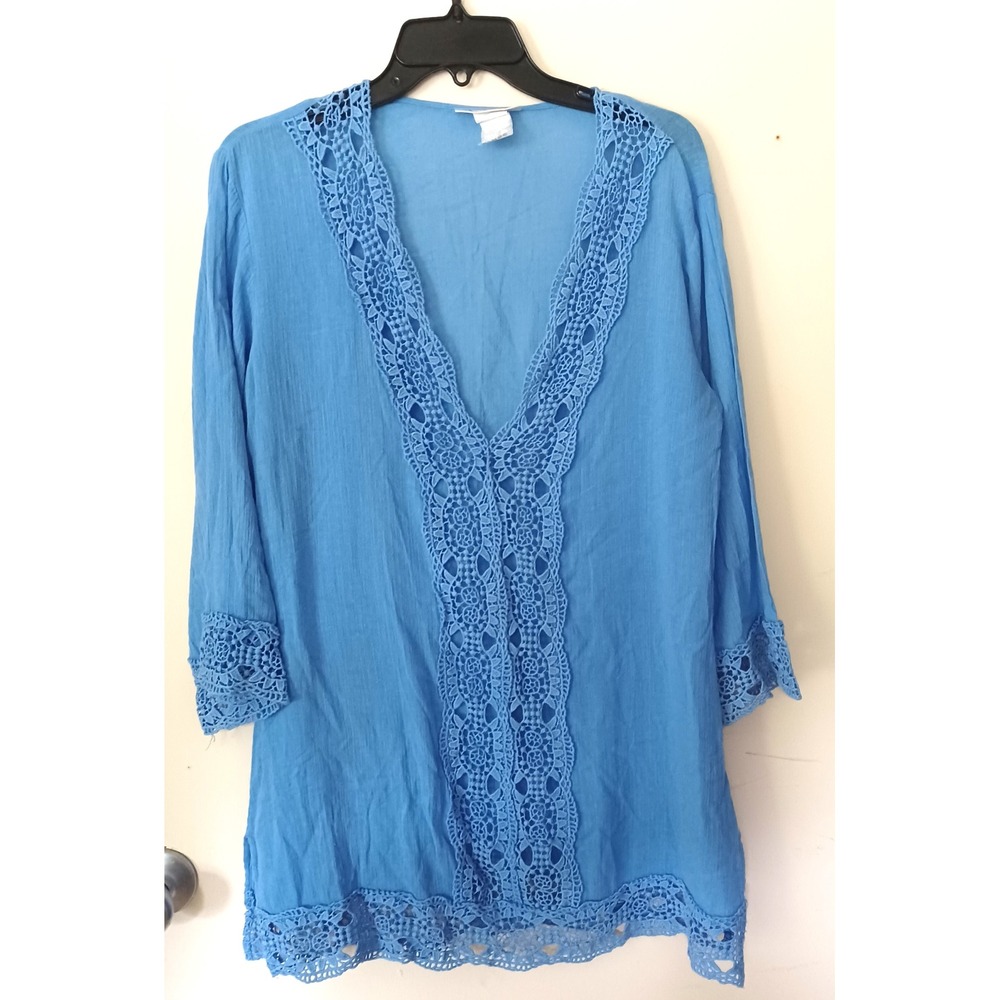 La Blanca Island Fare Crocheted Lace Trim Tunic‎ Swim Cover-Up Blue V-Neck XS